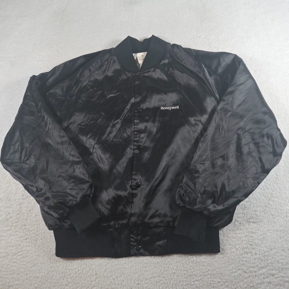 Vintage 90s Honeywell Satin Black Bomber Jacket Auburn Sportswear Made In USA XL